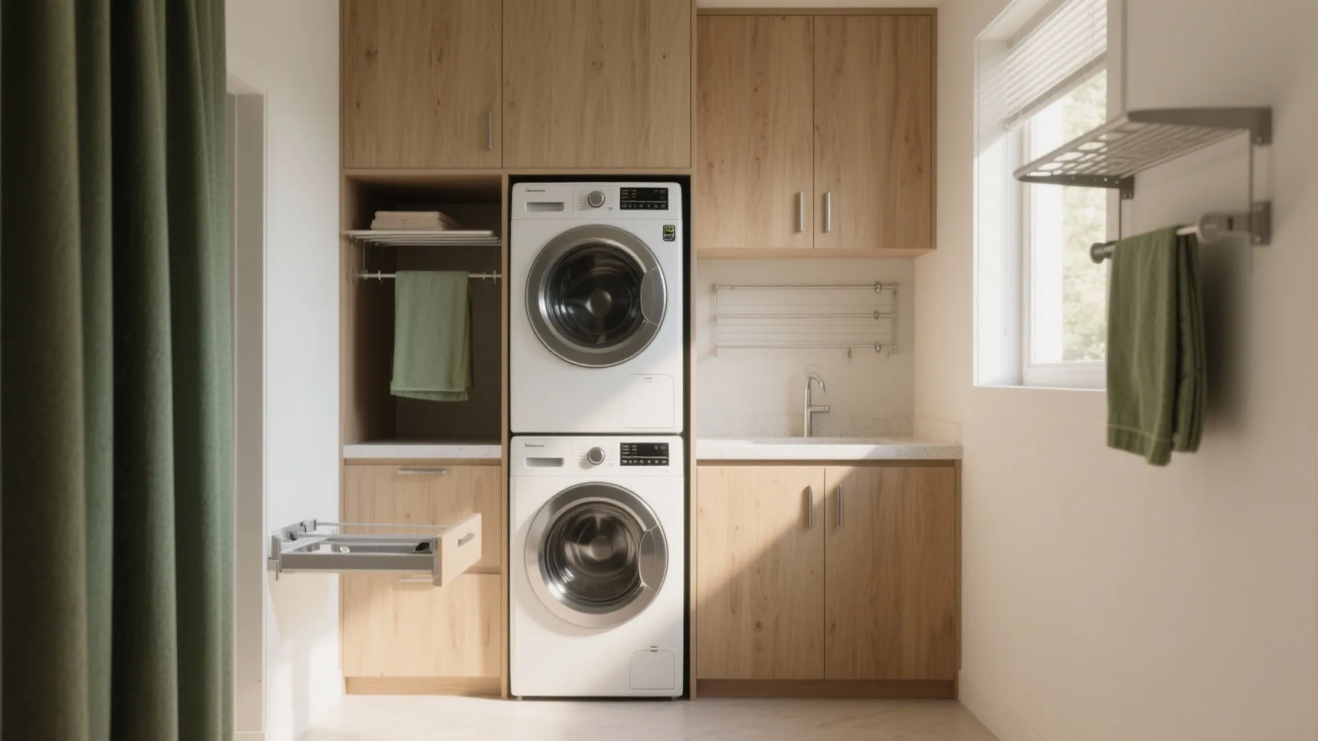Modern laundry room featuring stacked white washing machines inside light wood cabinets with a small sink