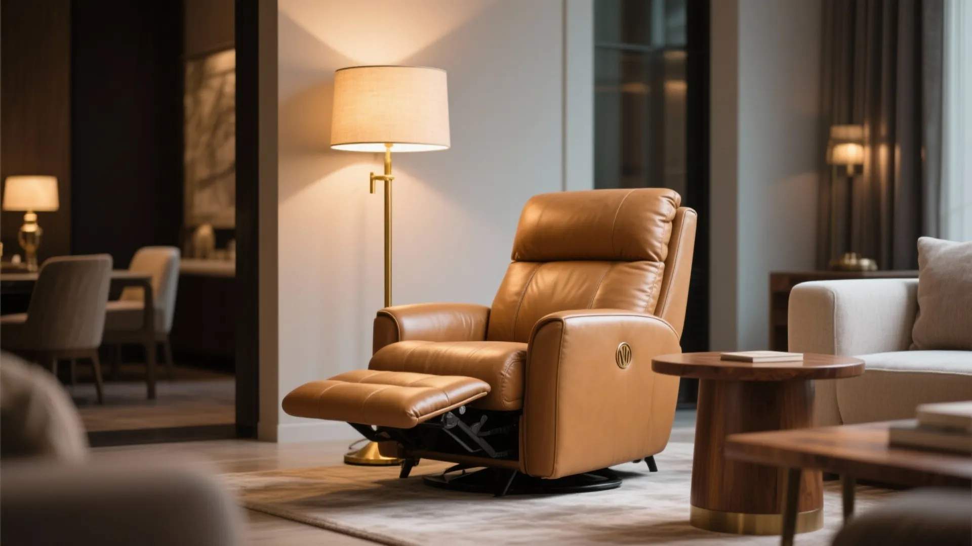 Tan leather recliner with brass lamp in a luxe living room
