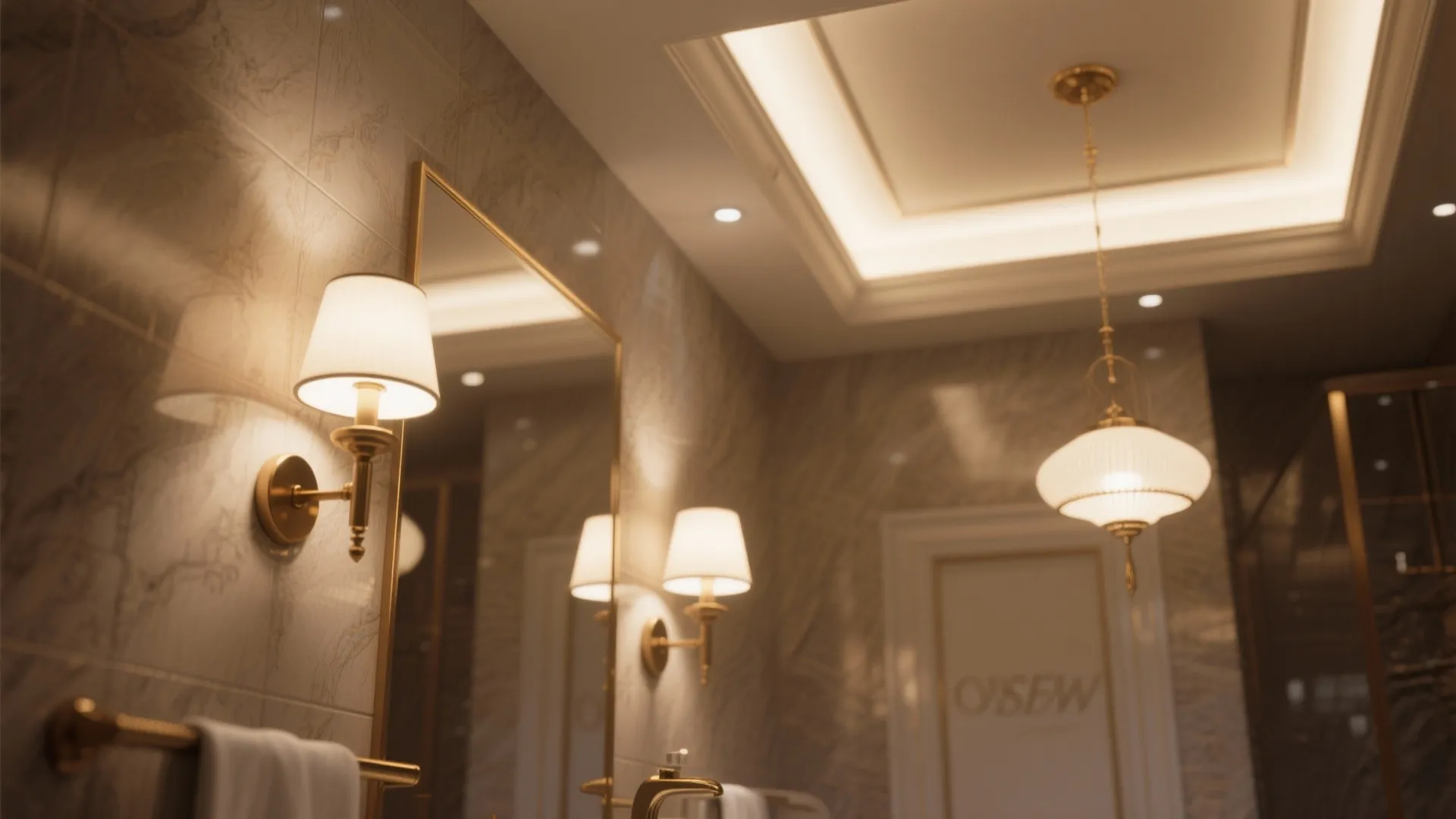 Elegant bathroom lighting with classic wall lights beside a mirror and a hanging ceiling light