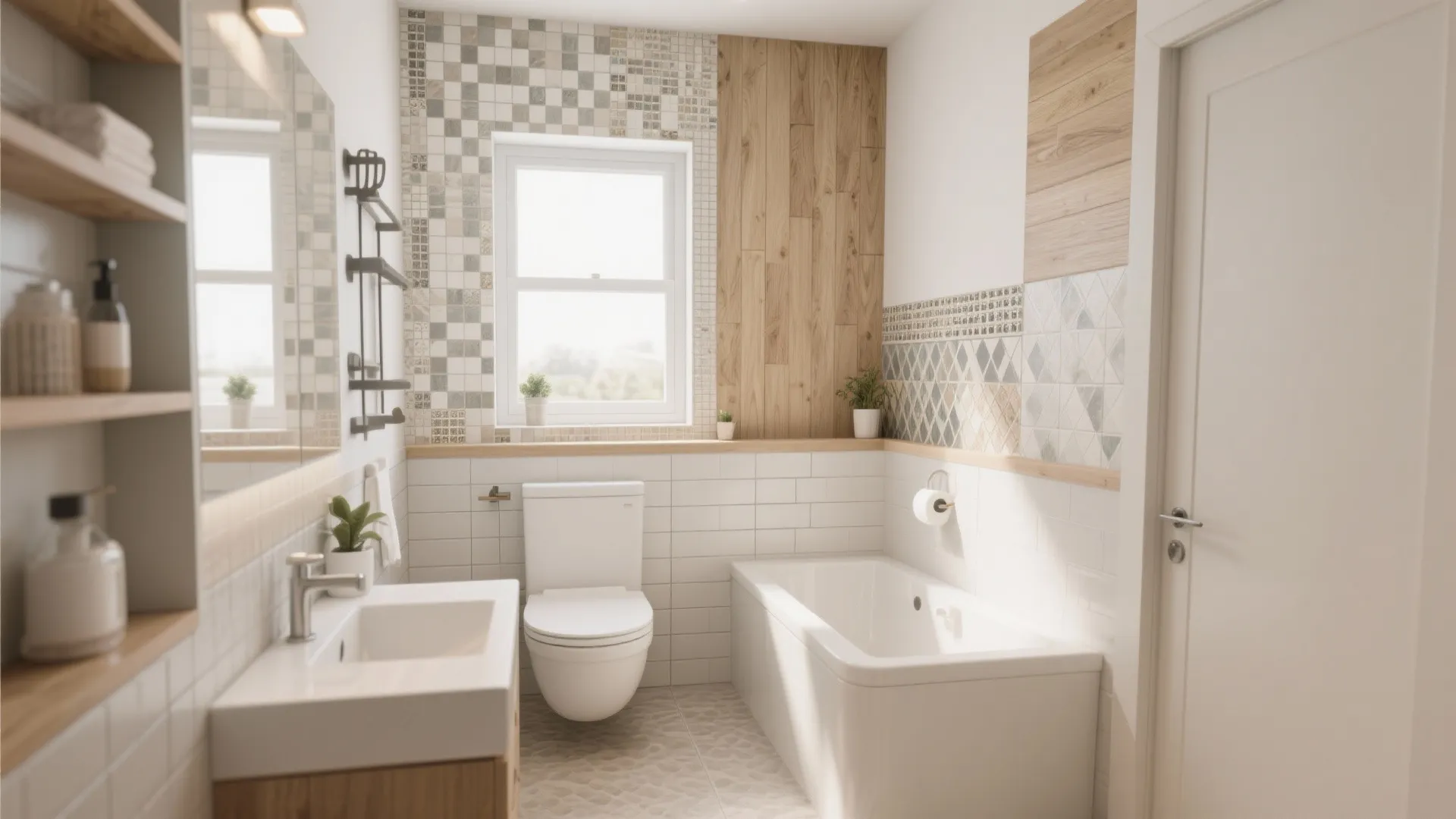 Modern bathroom with white bathtub toilet sink wood wall panels and mosaic tile wall accents
