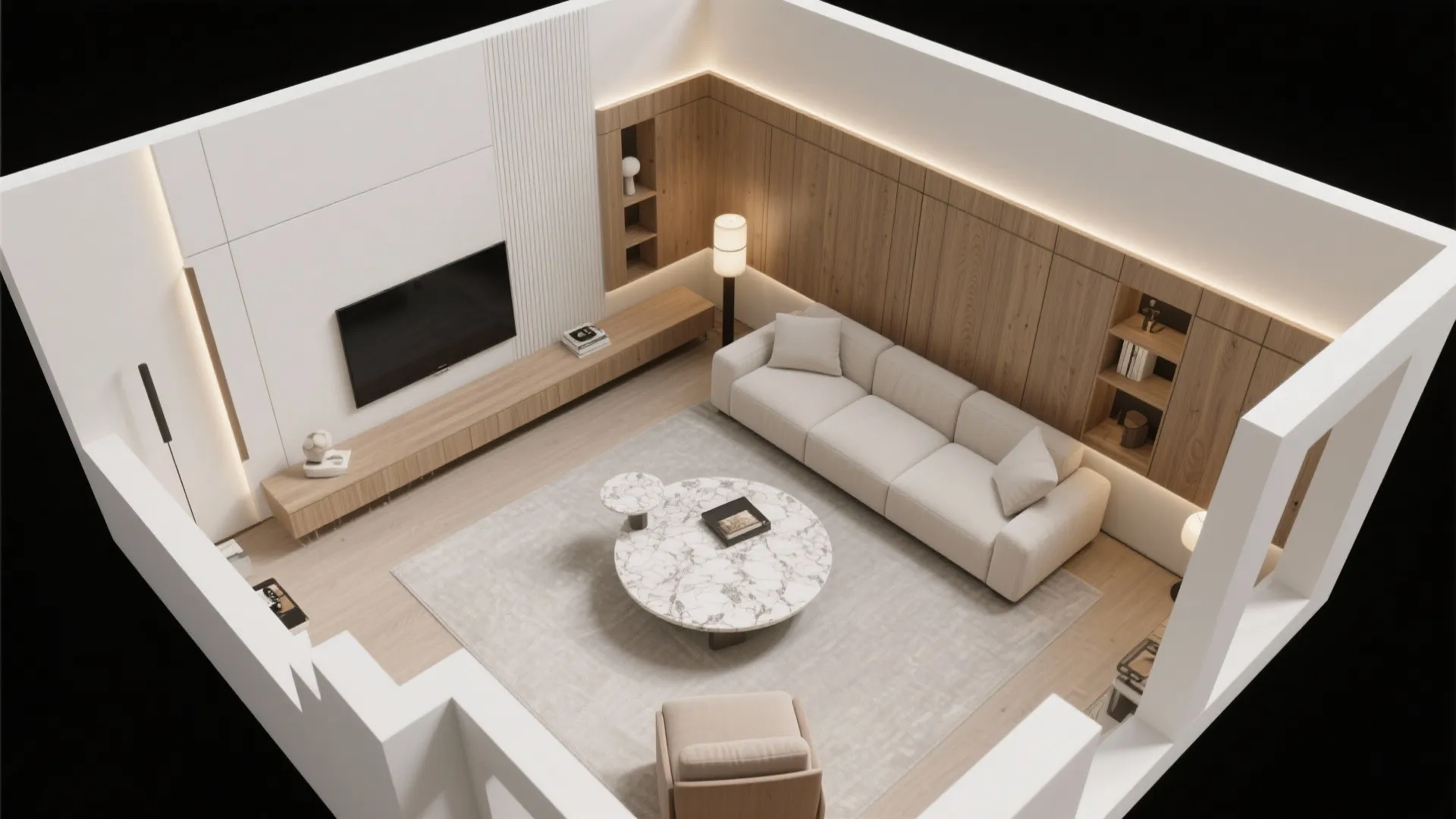 Modern room layout with beige sofa marble coffee table wood wall panels and floor lamp lighting