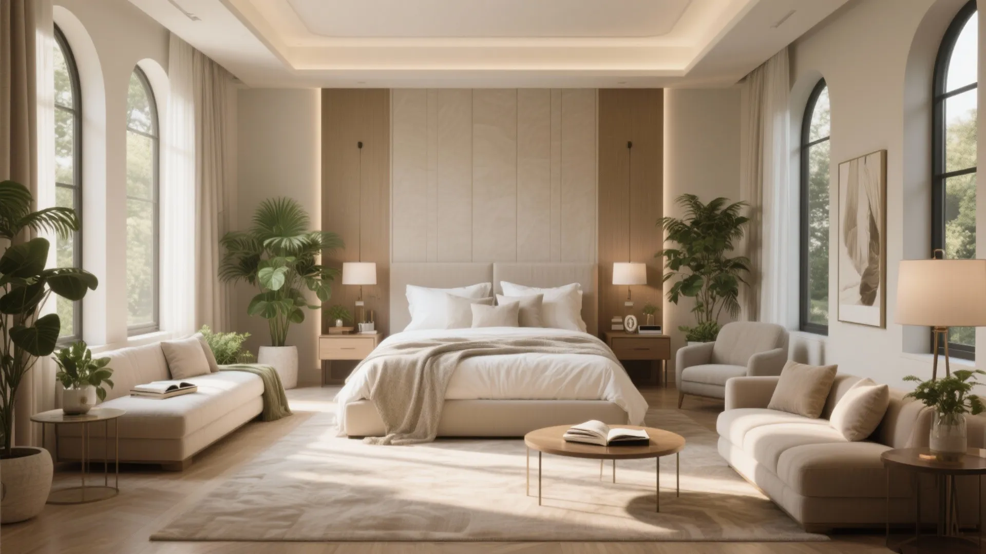 Spacious luxury master bedroom with large bed beige sofa two armchairs and bright arched windows