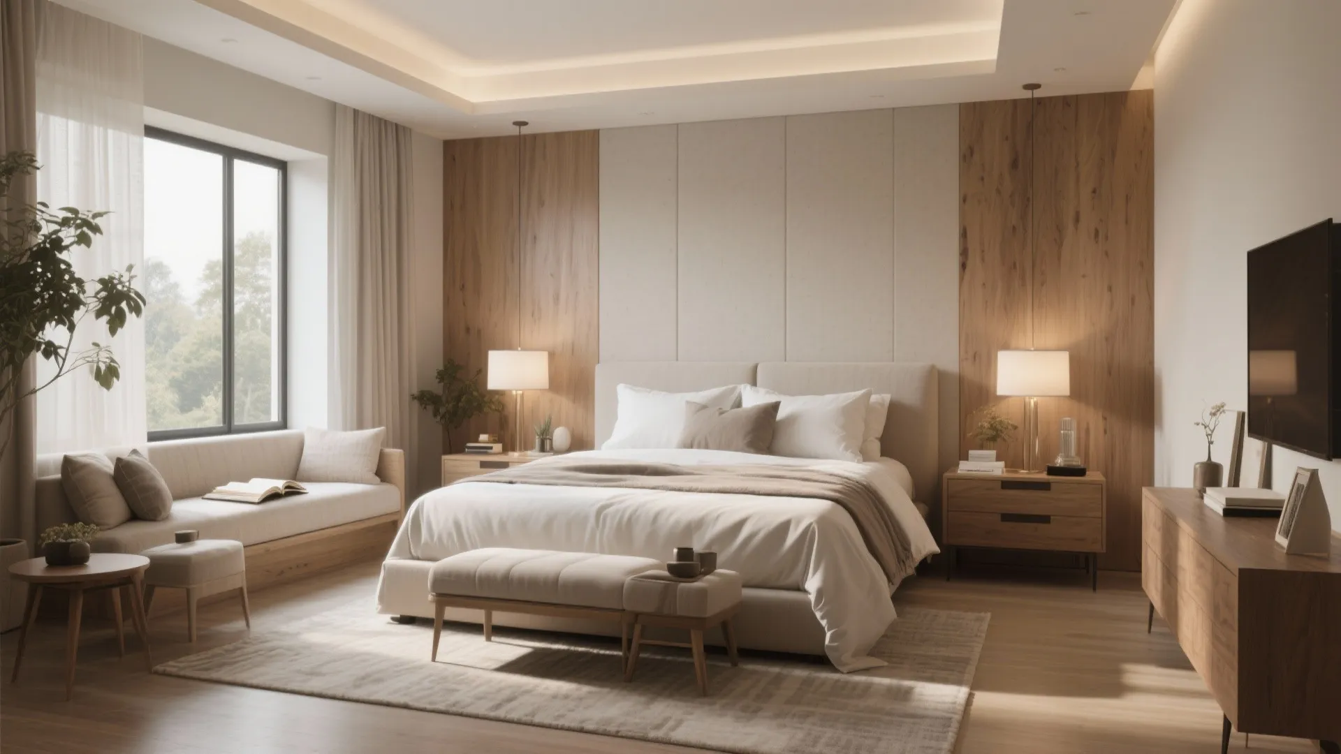 Luxury master bedroom with large bed wooden wall panel footrest small sofa and large bright window