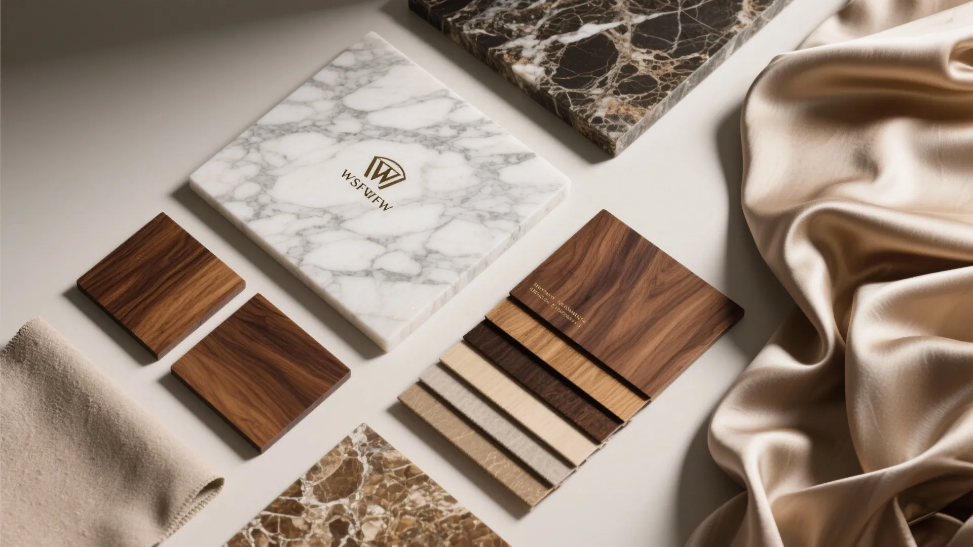 Interior design material board with marble tiles wood samples and silk fabric for a home project