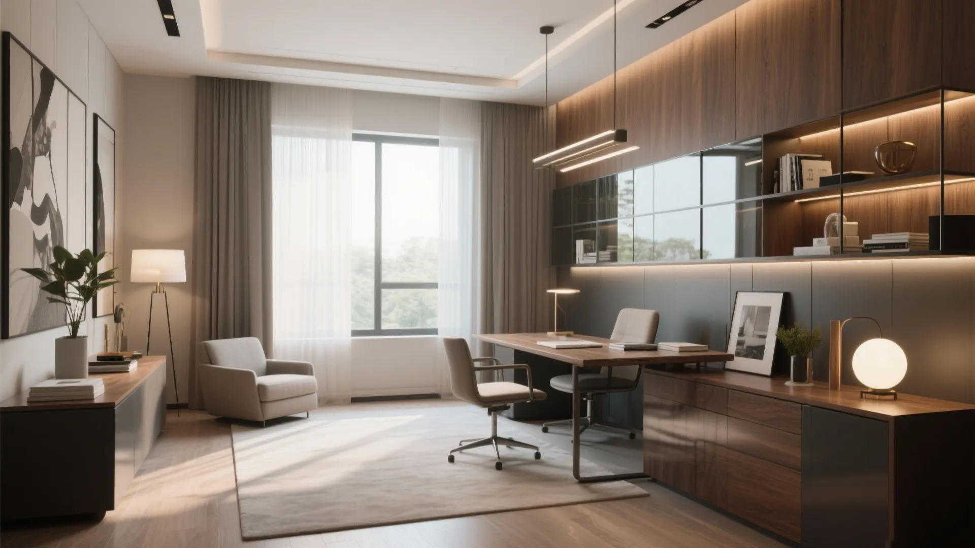 Modern home office featuring wood wall panels large windows a desk armchair and soft lighting