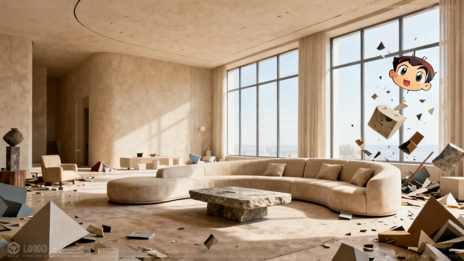 Photorealistic preview of luxury nude living room interior with layered neutral tones