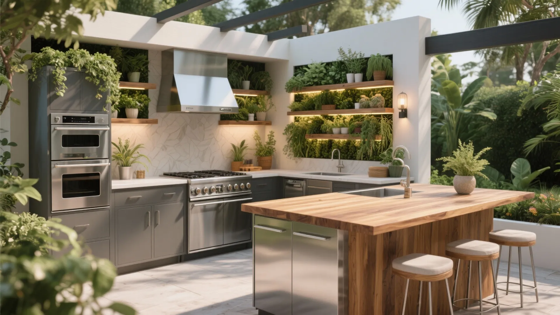 Modern outdoor kitchen with grey cabinets wooden island green plants stainless steel stove and bar stools