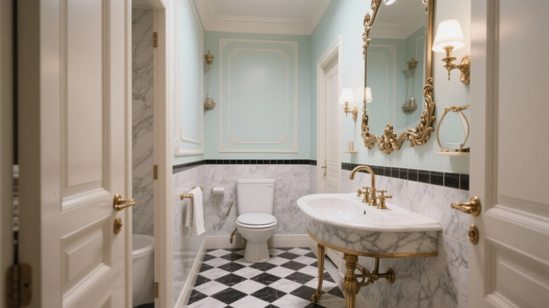Luxury bathroom with marble sink gold wall light fixtures mint green walls and checkered floor tiles