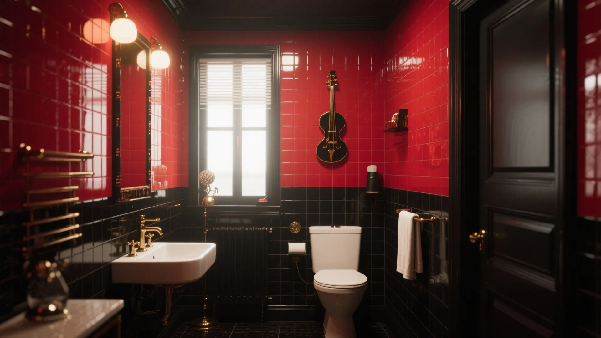 Luxury bathroom with red and black wall tiles white sink toilet gold fixtures and violin
