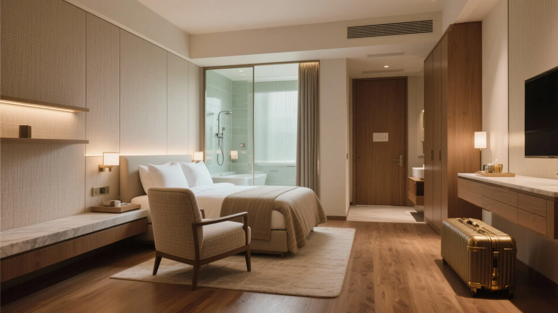 Luxury hotel room with armchair, comfortable bed, glass shower, wood floor, and gold travel suitcase