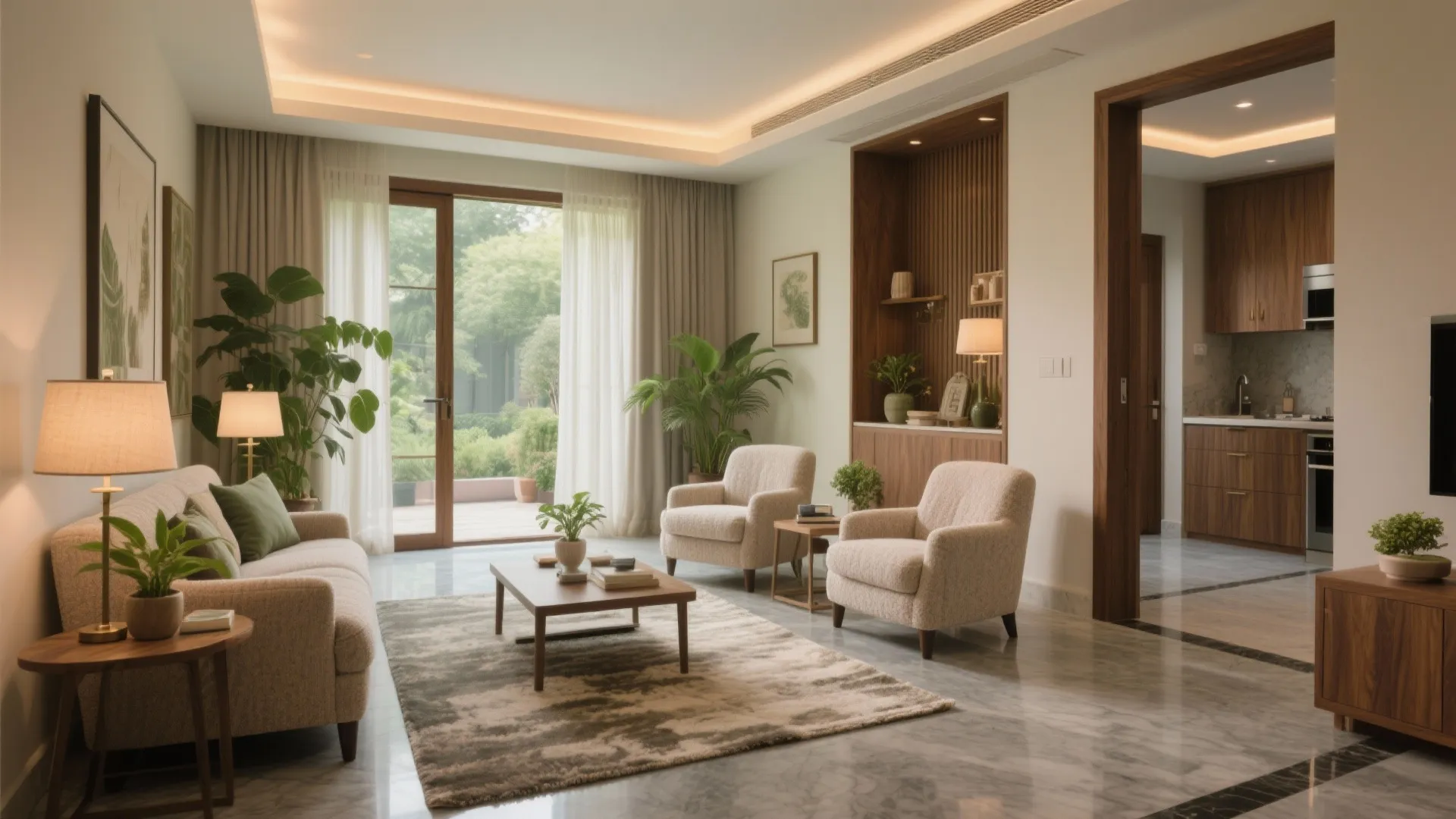 Spacious open living room with beige sofas, coffee table, green plants, and kitchen view doorway