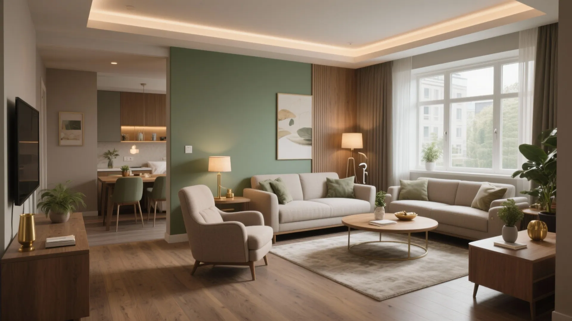 Modern living room with green wall, beige sofas, armchair, wooden floor, and dining area background view