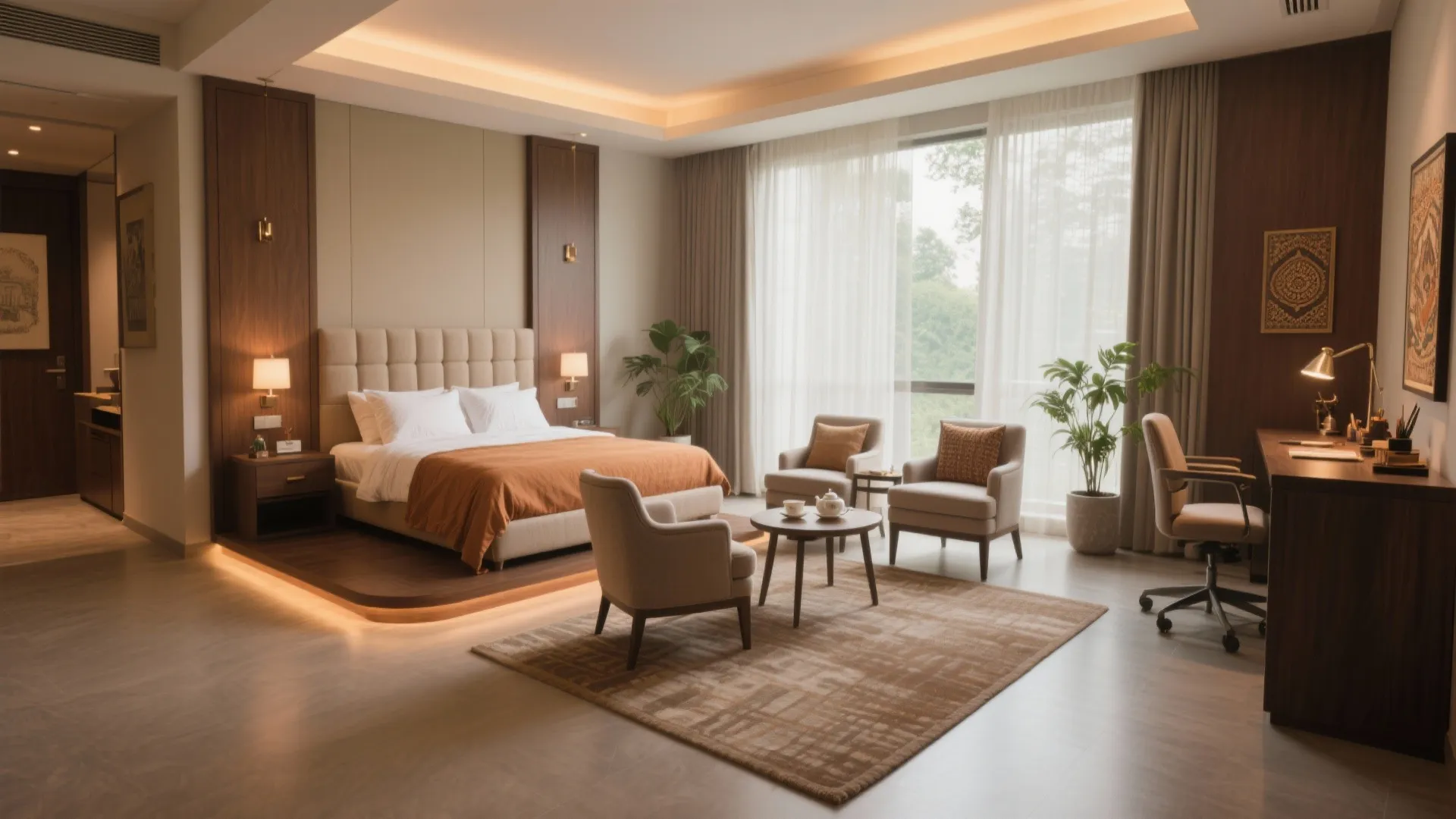 Luxury bedroom interior with beige bed two armchairs small table desk and warm hidden lights