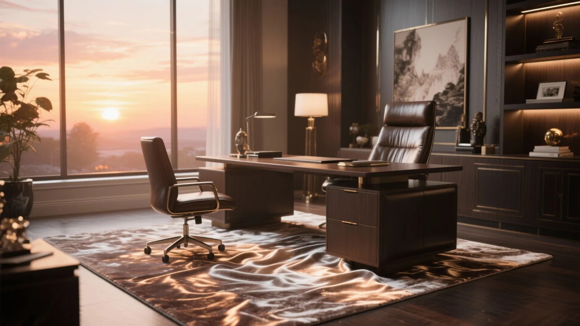 Elegant home office with a silk blend rug