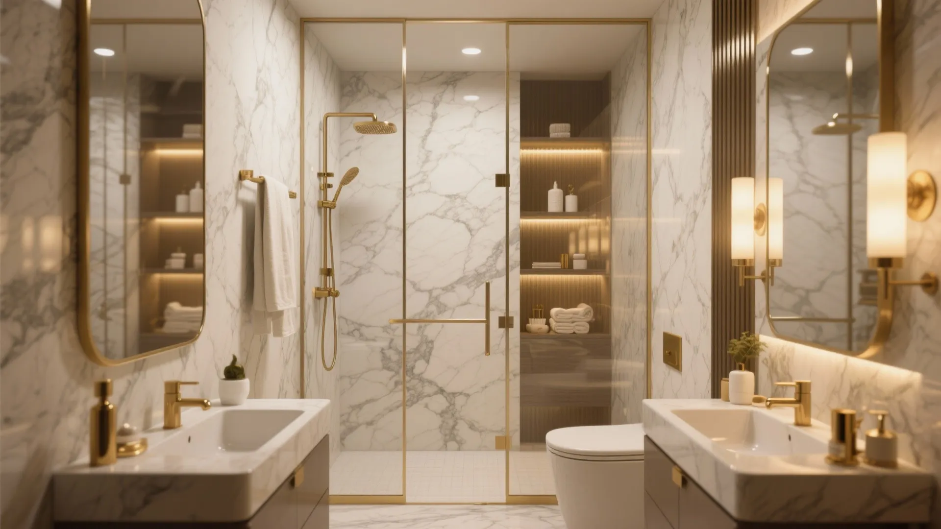Luxury bathroom interior featuring white marble walls gold fixtures double sinks glass shower and lighting