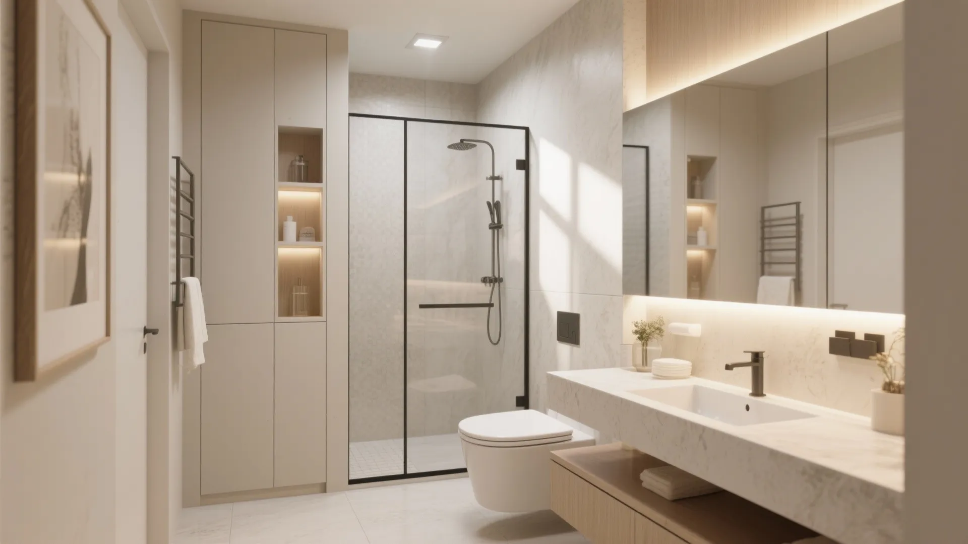 Modern cream bathroom with glass shower stall toilet marble sink cabinet and large backlit mirror