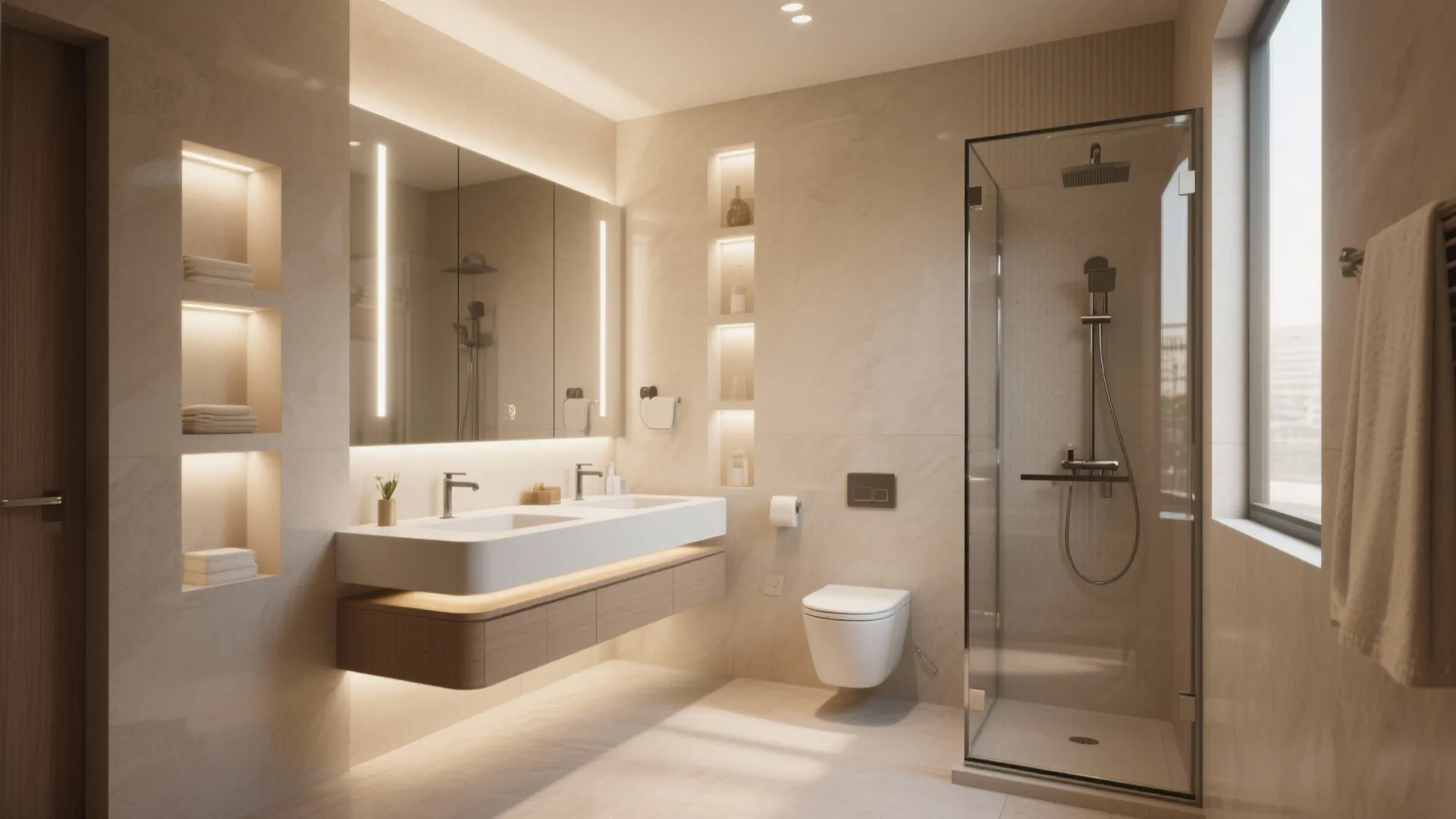 Modern bathroom with double sink vanity large mirror glass shower door and warm ambient wall lighting