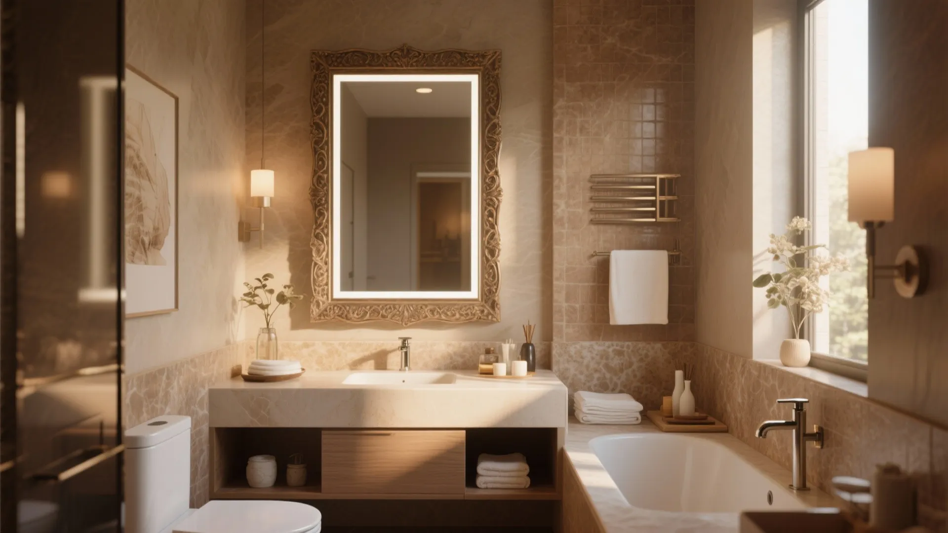 Elegant bathroom interior featuring a gold framed light mirror above a sink and marble bathtub