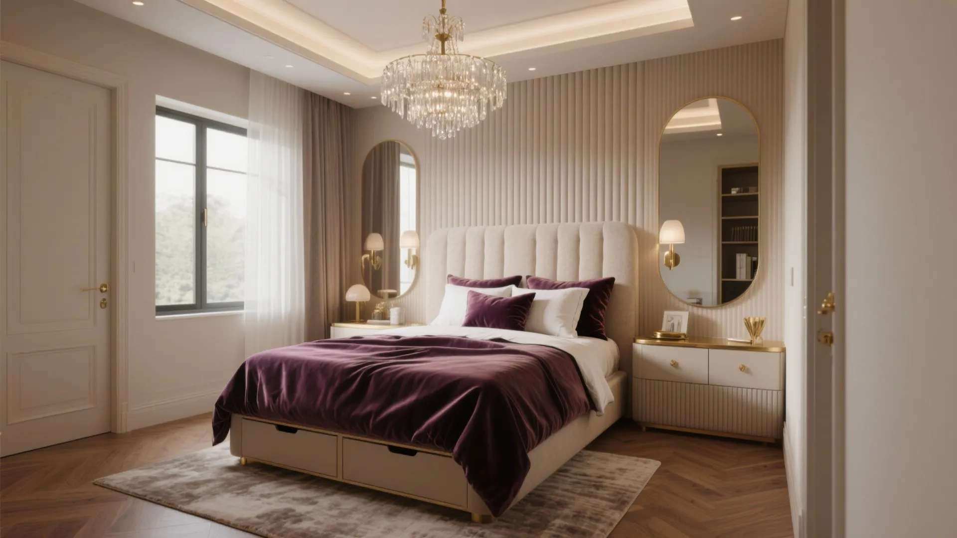 Luxury bedroom with purple velvet bedding cream wall panel gold ceiling light and two mirrors