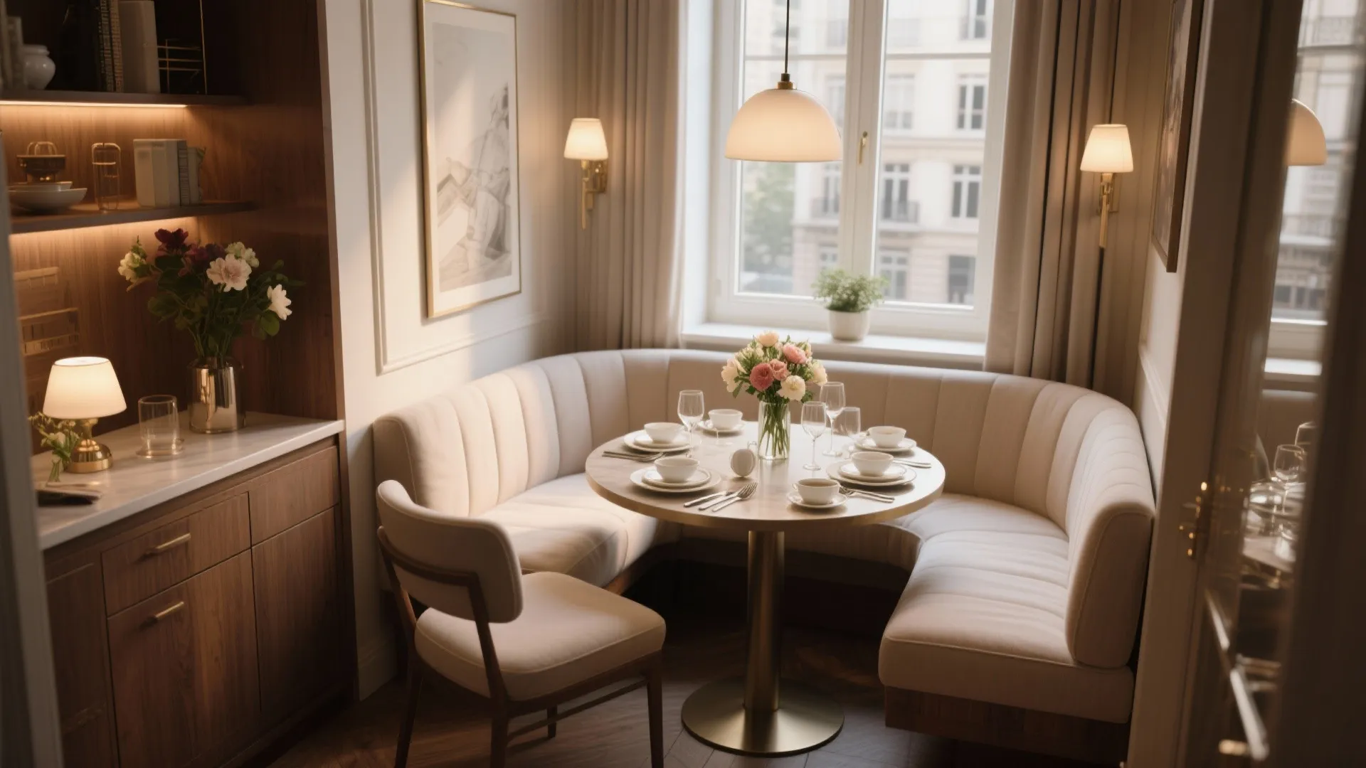 Cozy breakfast nook with curved white sofa, round wooden table, ceiling light, and bright window