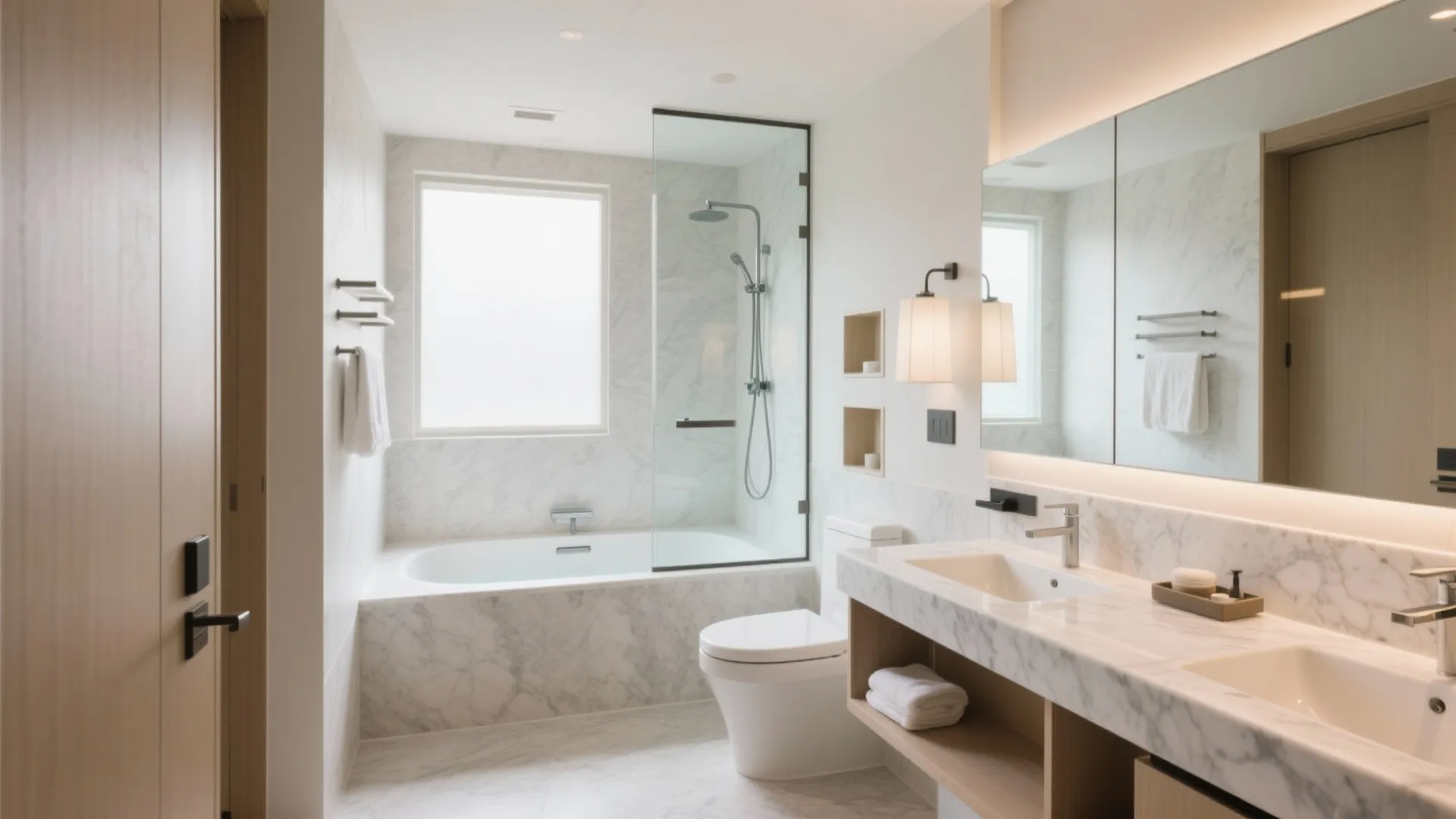 Modern marble bathroom with white bathtub glass shower door toilet and double sink wood cabinet