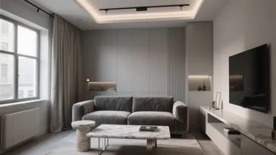 Modern Gray Living Room with Marble Accents