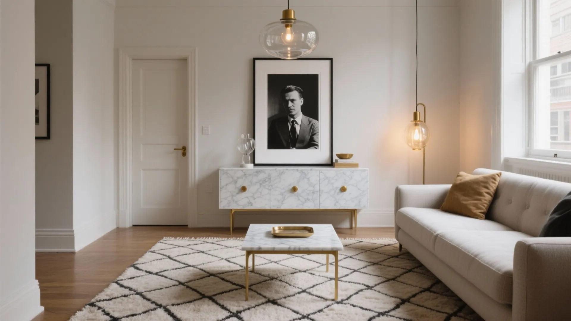 Elegant living room with marble cabinet white sofa gold coffee table and hanging ceiling light