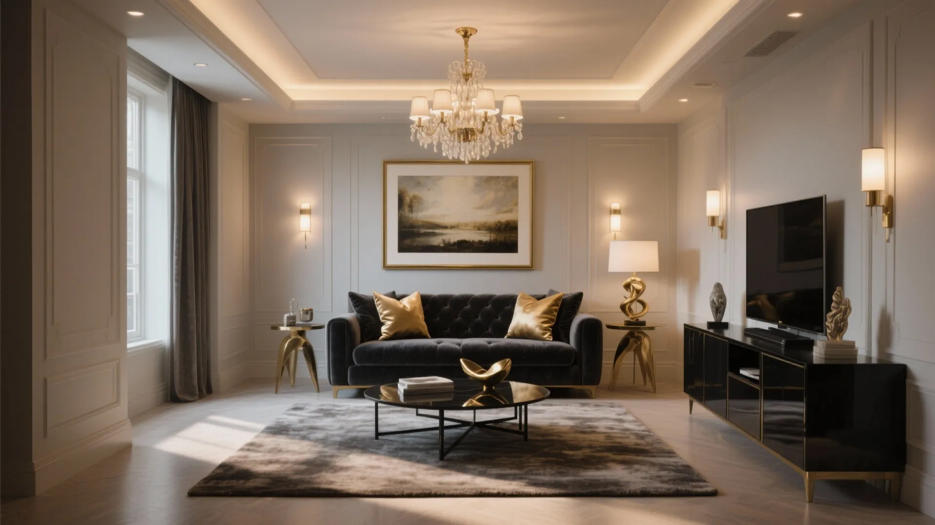 Luxury living room with dark sofa golden cushions ceiling light television wall panel and grey rug