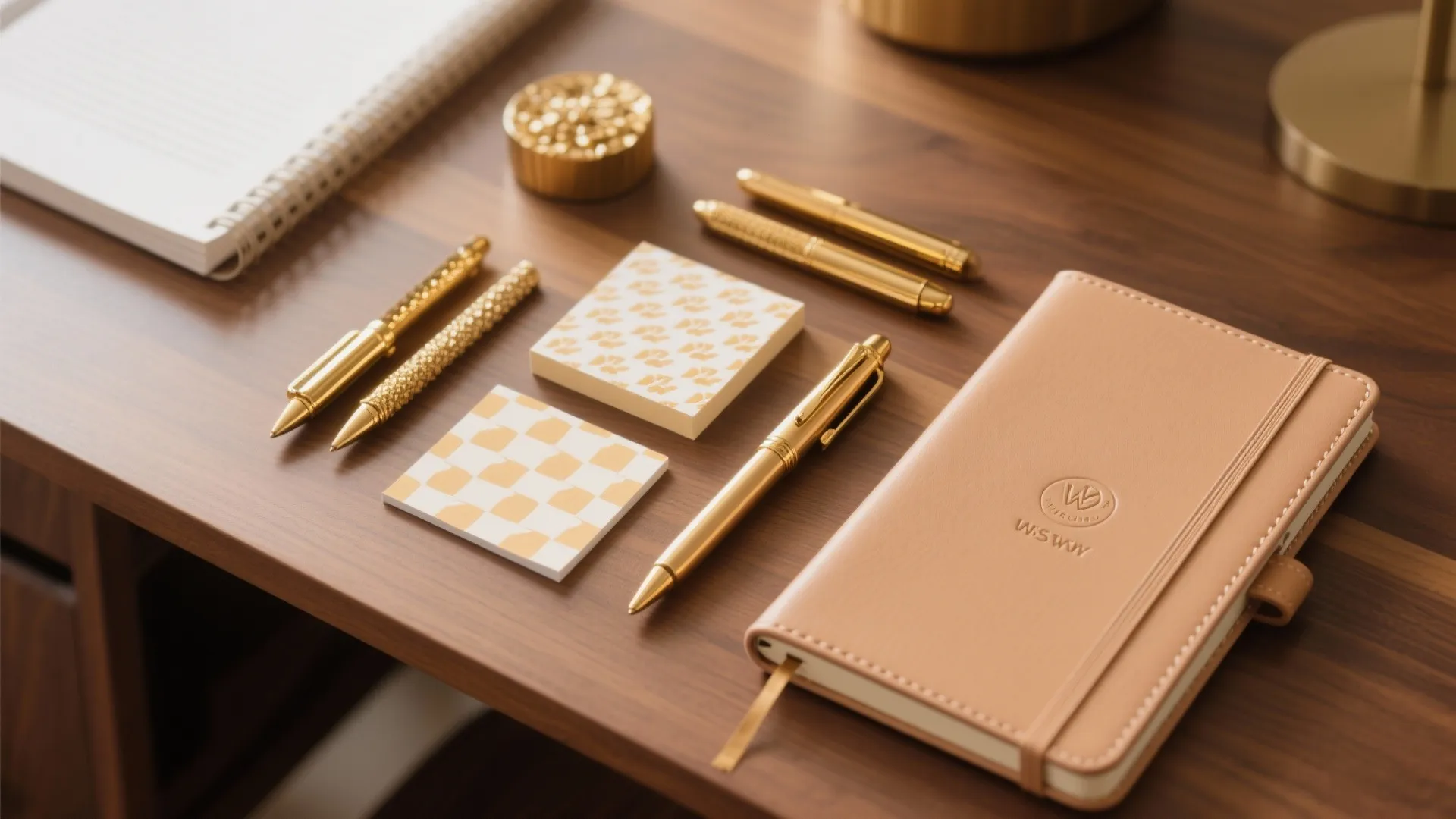 Gold pens and tan notebook with sticky notes arranged on a dark wood office desk