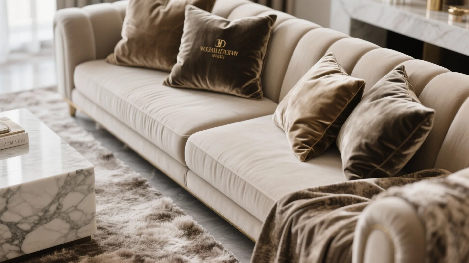 Close-up of velvet, silk, wool, and marble in luxury living room
