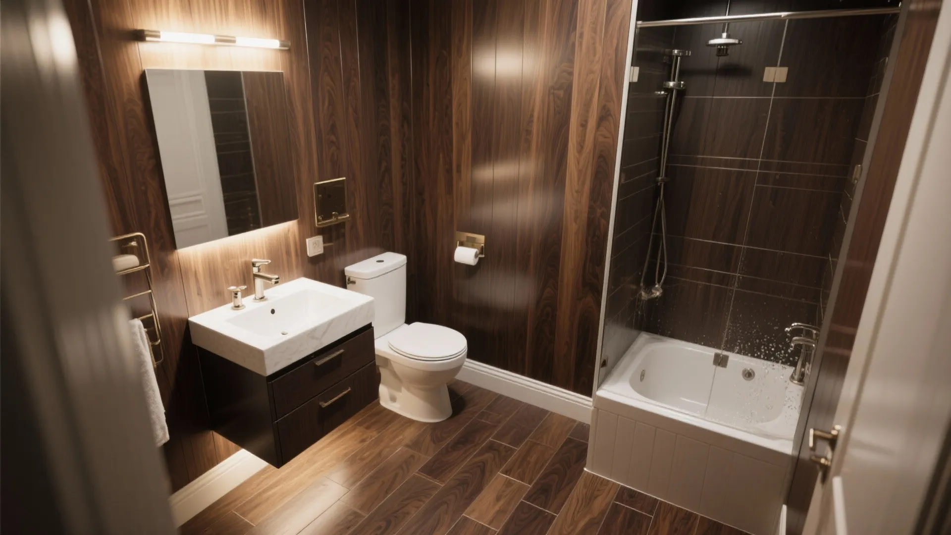 Modern bathroom featuring dark wood wall panels, white toilet, small bathtub, and a dark cabinet