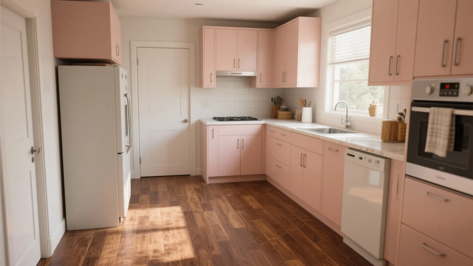 Pink kitchen cabinets with dark wood flooring and white fridge and sink and large window