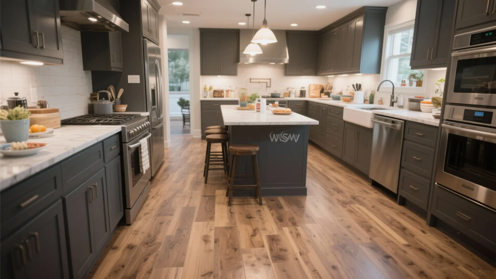 Spacious kitchen with dark grey cabinets wood flooring white marble island and modern light fixtures