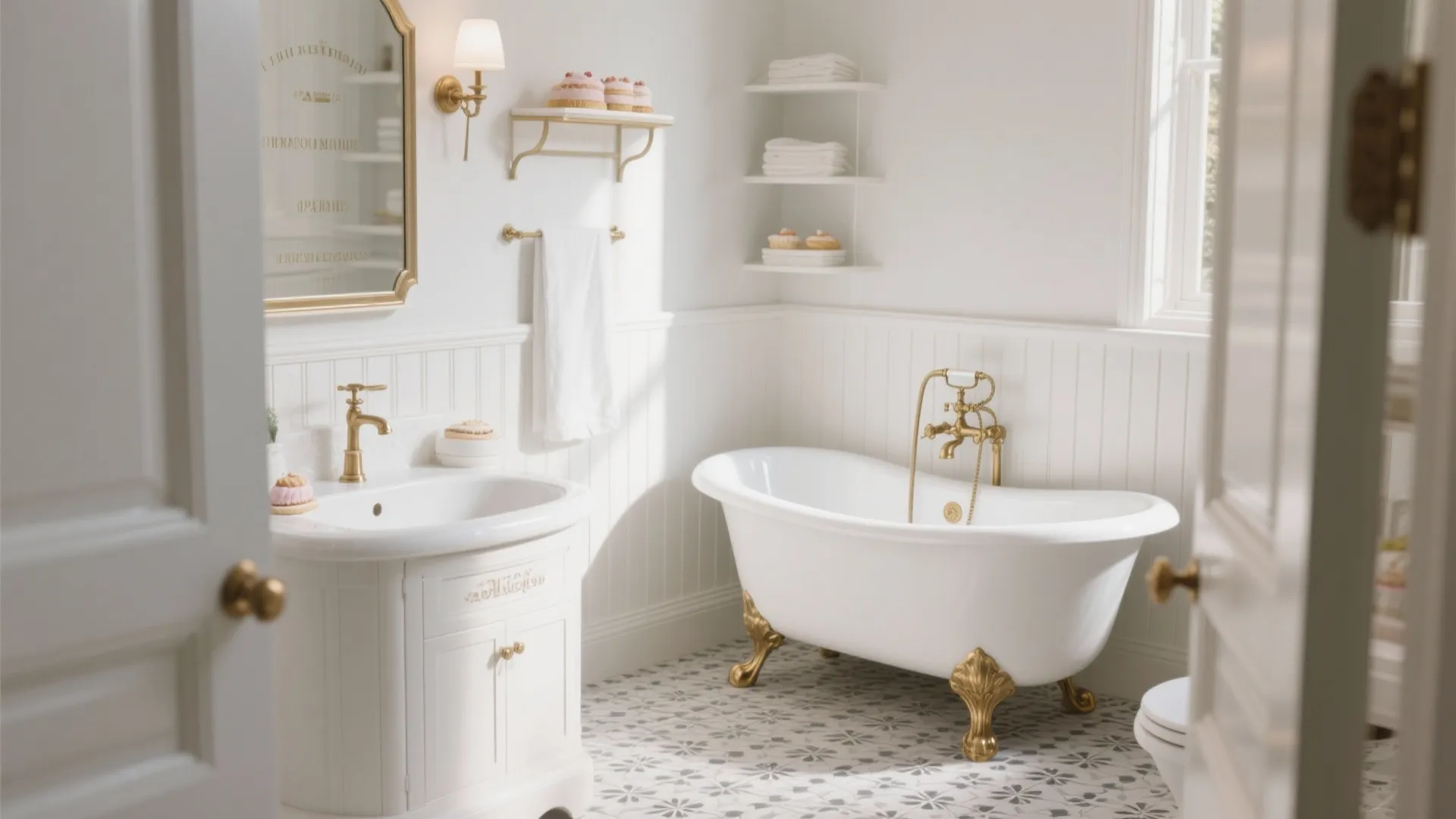Elegant white bathroom with a gold faucet sink vanity wall panels and a classic bathtub