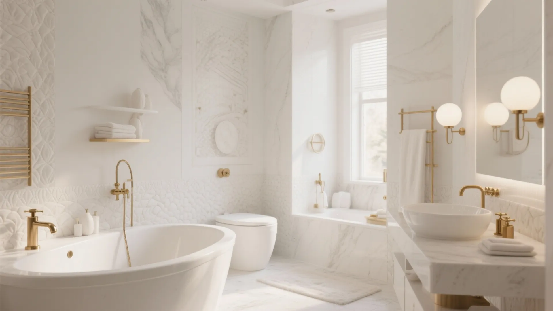 Luxury white bathroom with marble tiles gold water taps round bathtub and round wall light fixture