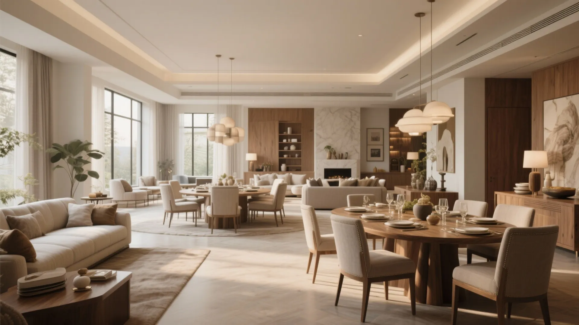 Large luxury open living space featuring multiple dining tables sofas wood wall panels and ceiling lights
