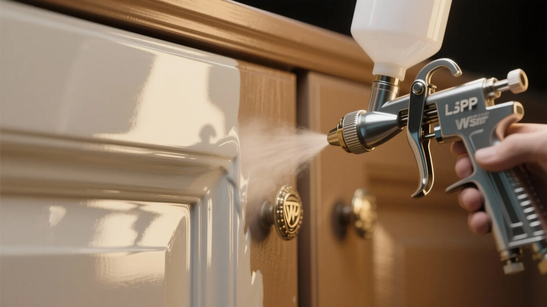 Close up of a hand using a paint spray gun on a wooden kitchen cabinet