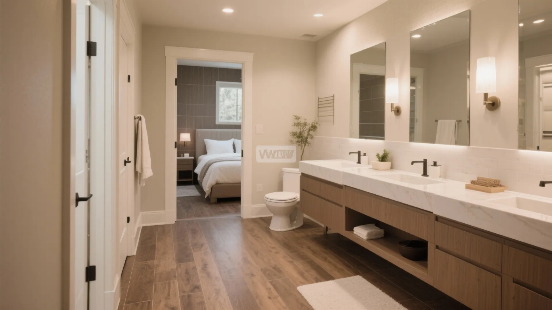 Large bathroom featuring double sinks wooden cabinets dark wood flooring and view into a cozy bedroom