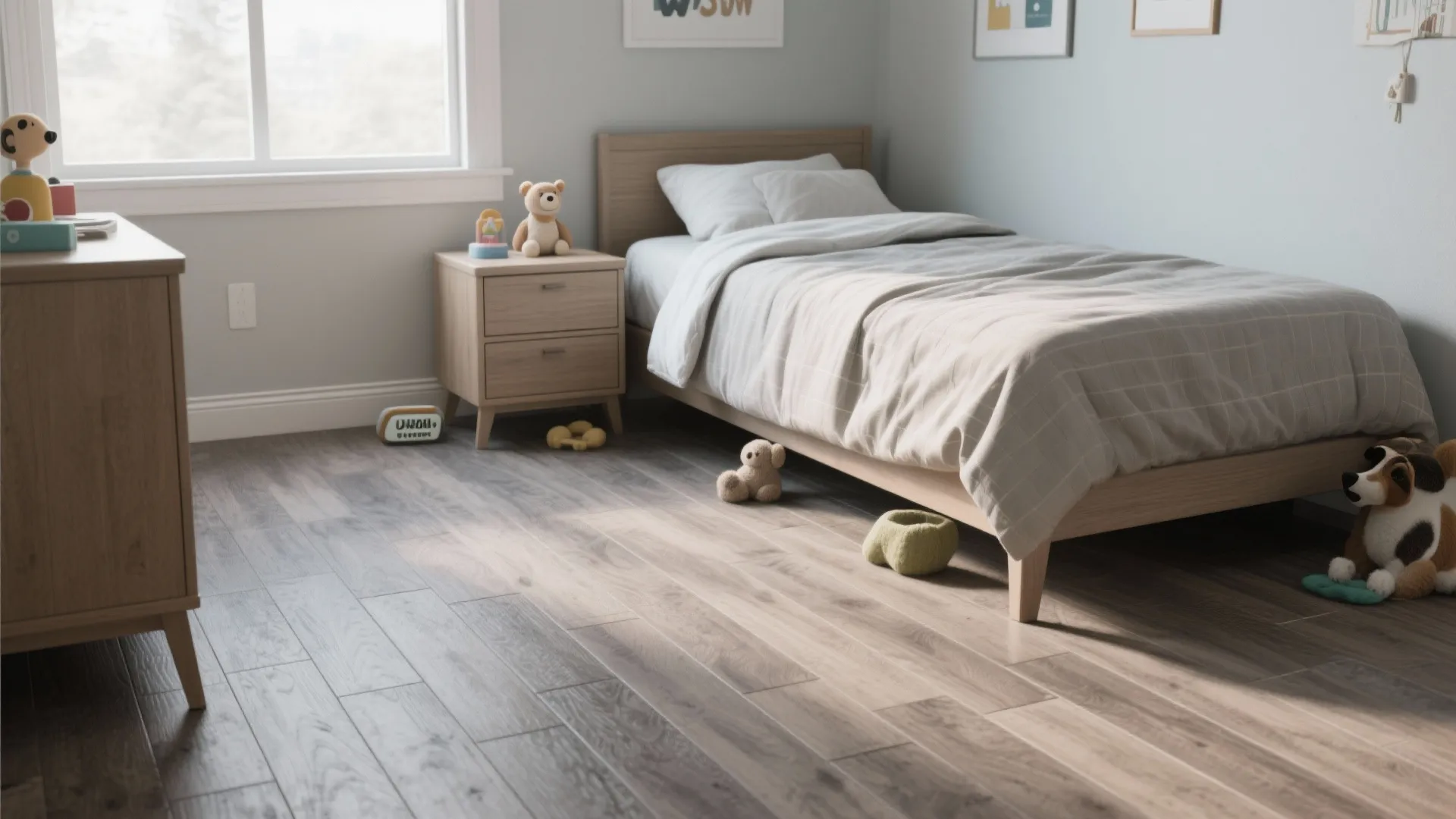 Bedroom with realistic textured LVP flooring in matte wood-look finish suitable for families and rentals.