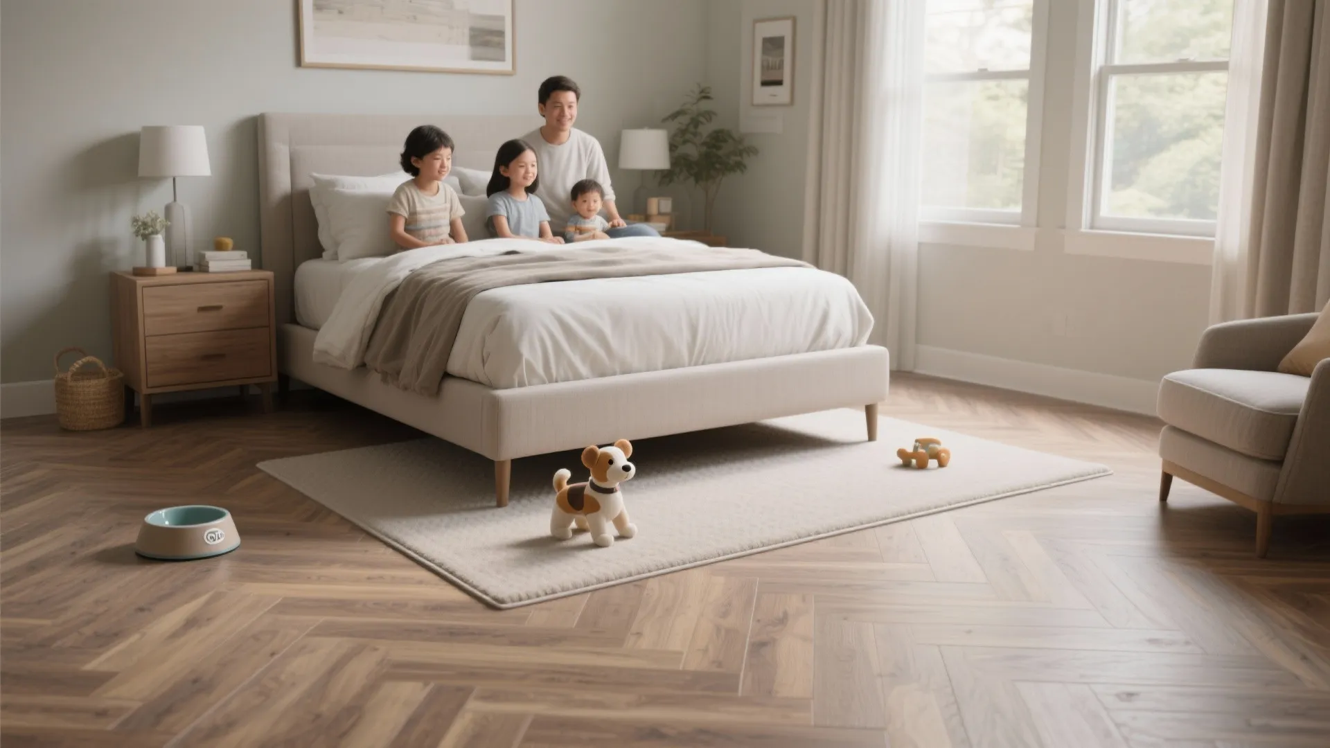 Family bedroom with light wood pattern floor, white bed, grey armchair, and two large windows