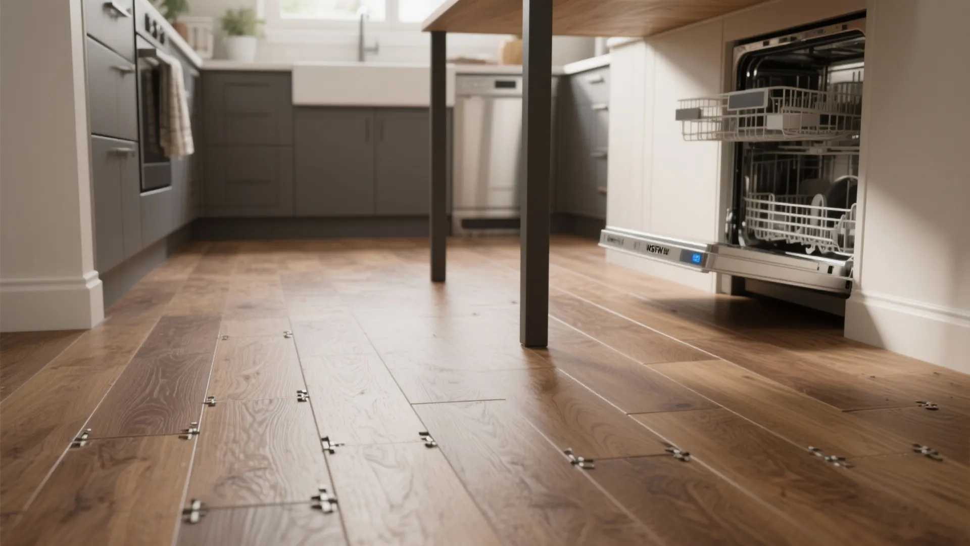 Modern kitchen with wood flooring and an open dishwasher showing clean racks in natural light