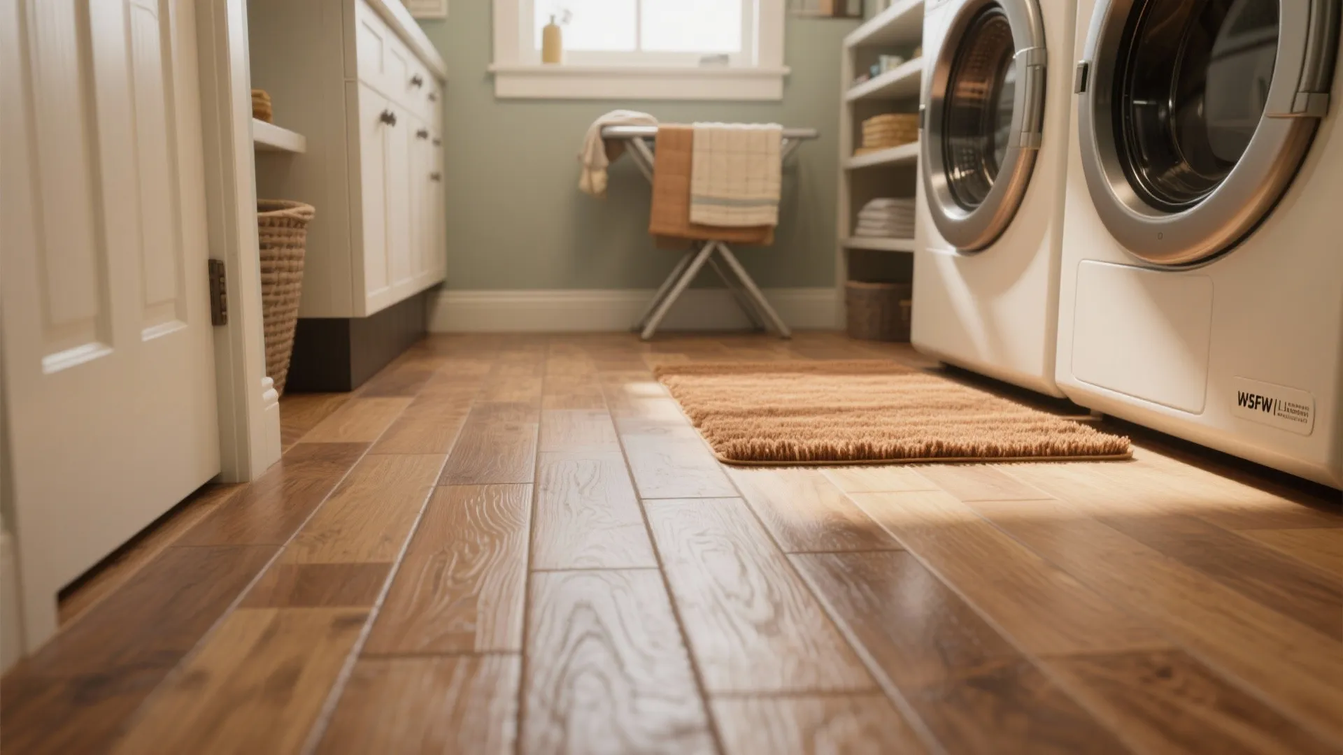 Laundry room with wood floor panels plus a washing machine and small brown floor mat