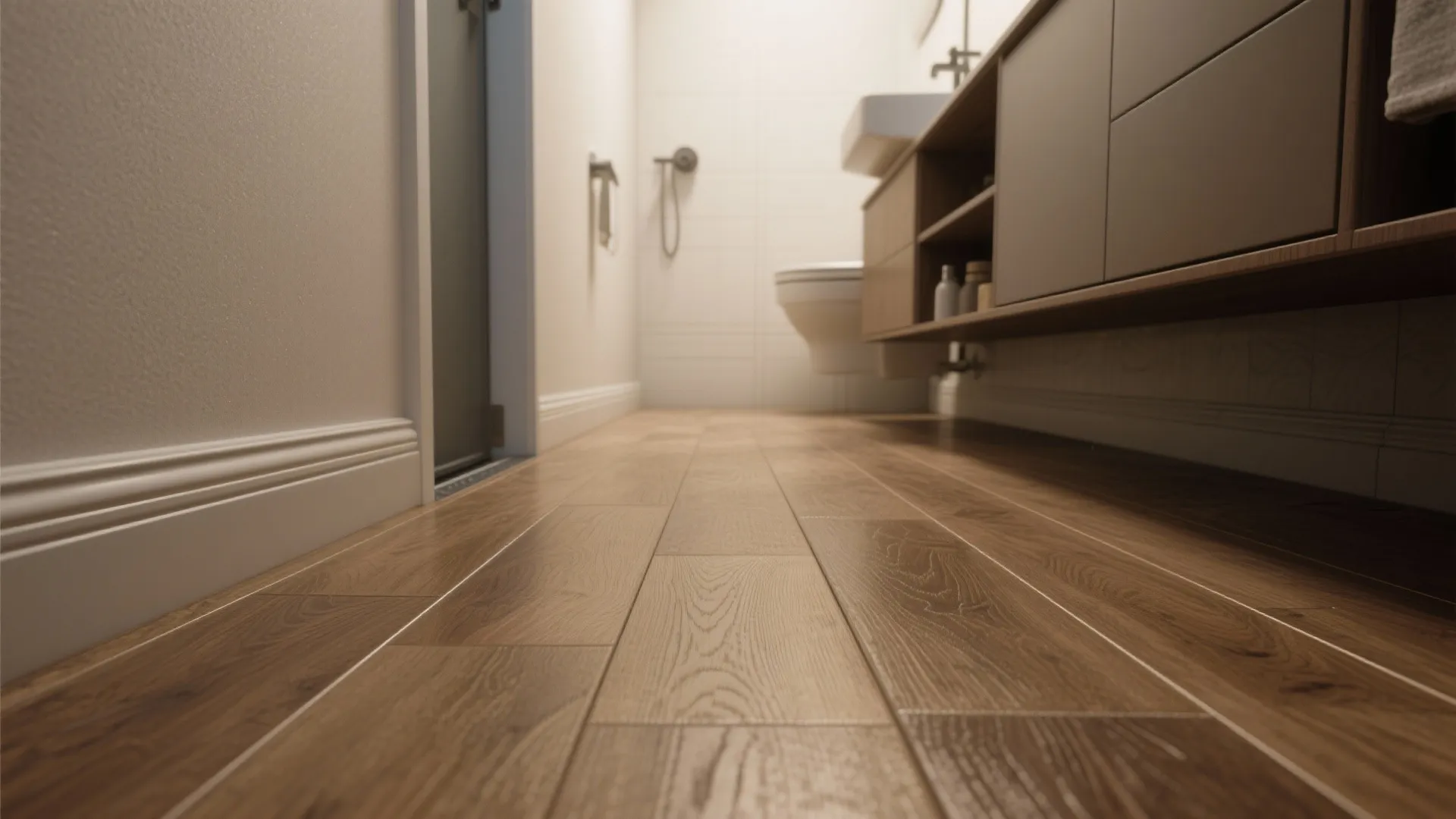 Low angle view of long wood pattern floor planks in a modern bathroom with cabinet
