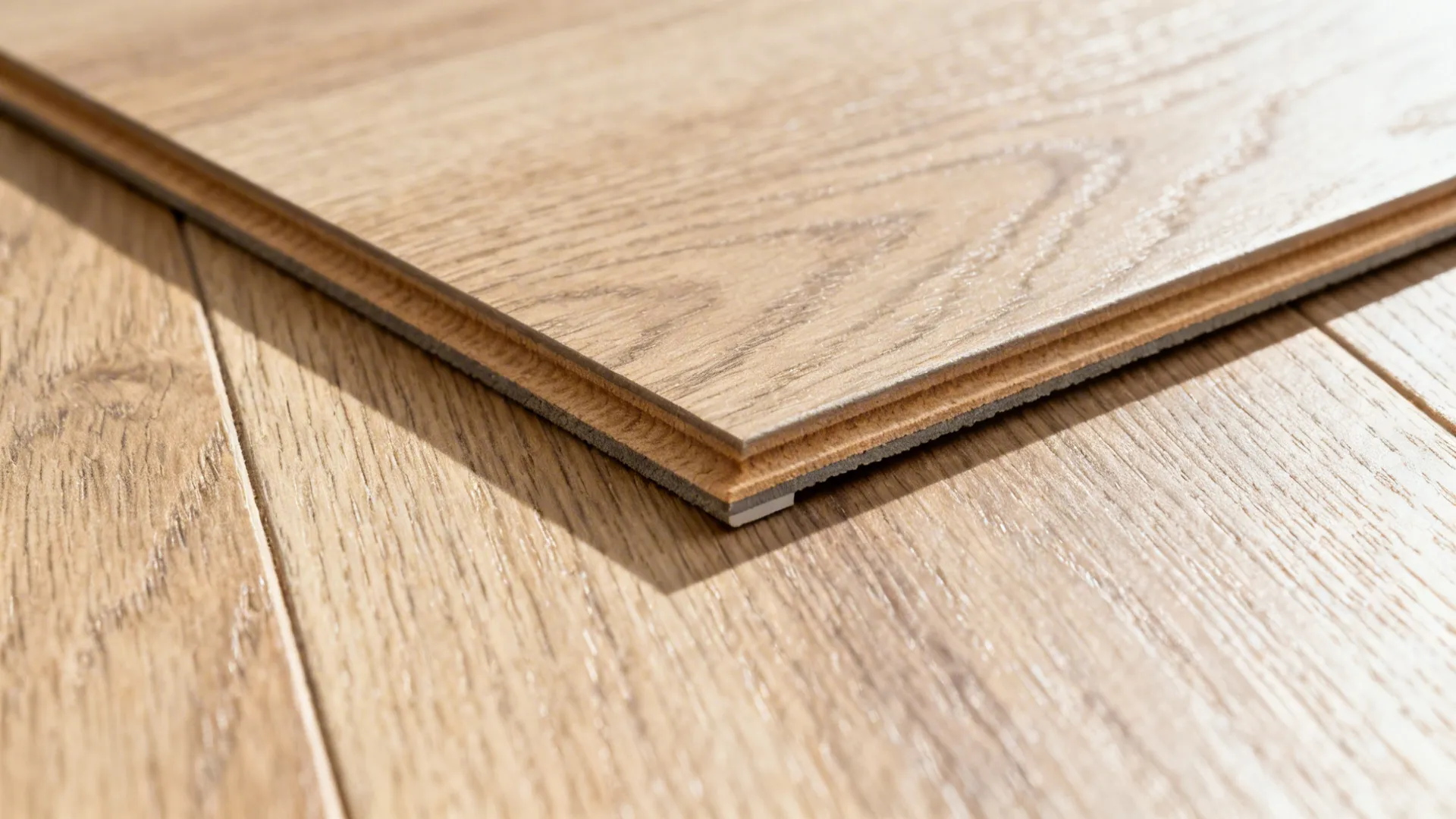 Macro of LVP showing realistic wood embossing and wear layer detail.