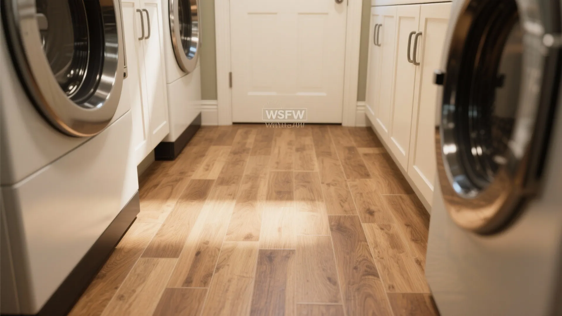 Modern laundry room featuring light oak wood flooring with white washing machines and cabinets on sides