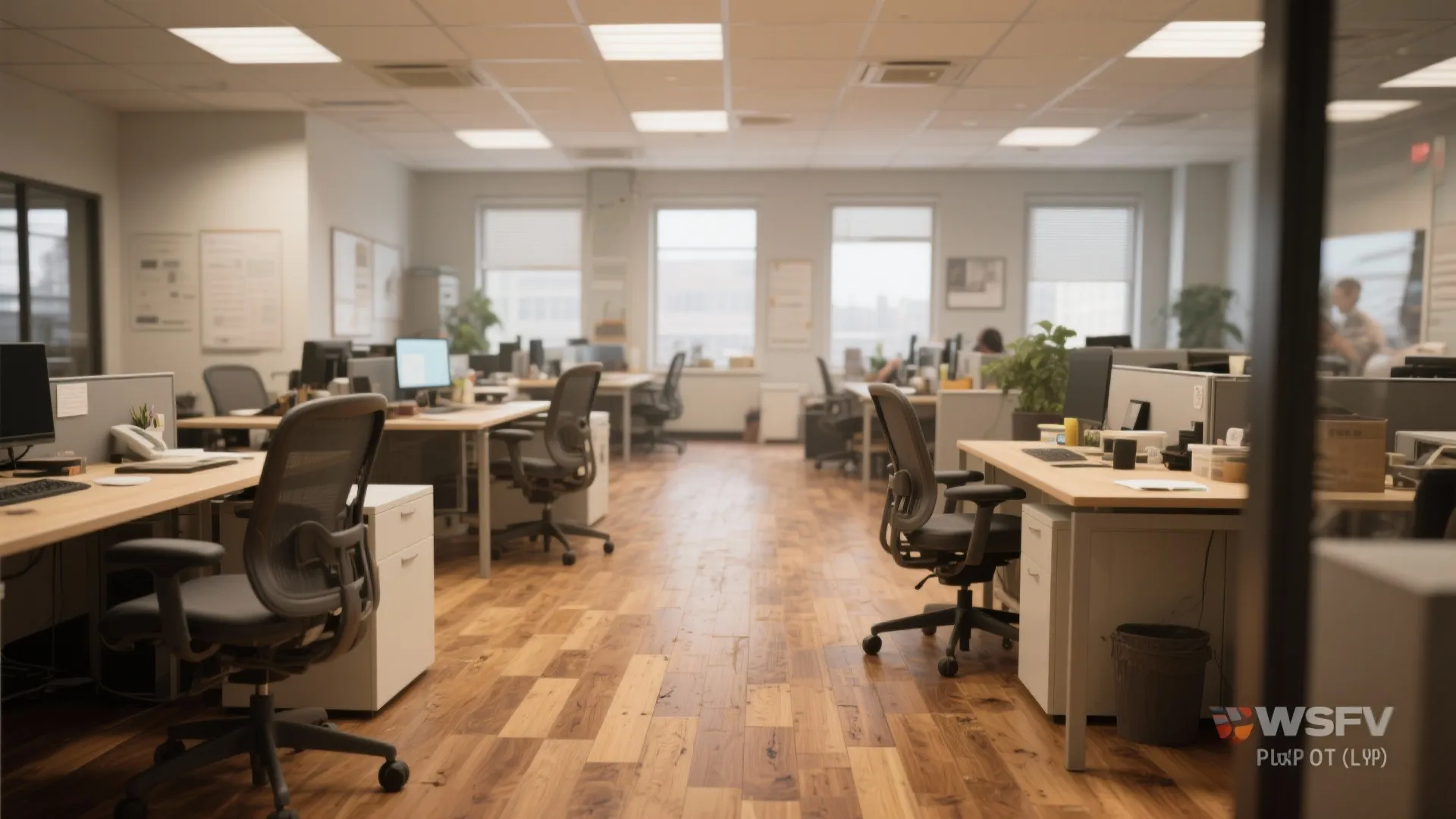 Open office with luxury vinyl plank flooring in medium oak, desks and rolling chairs.