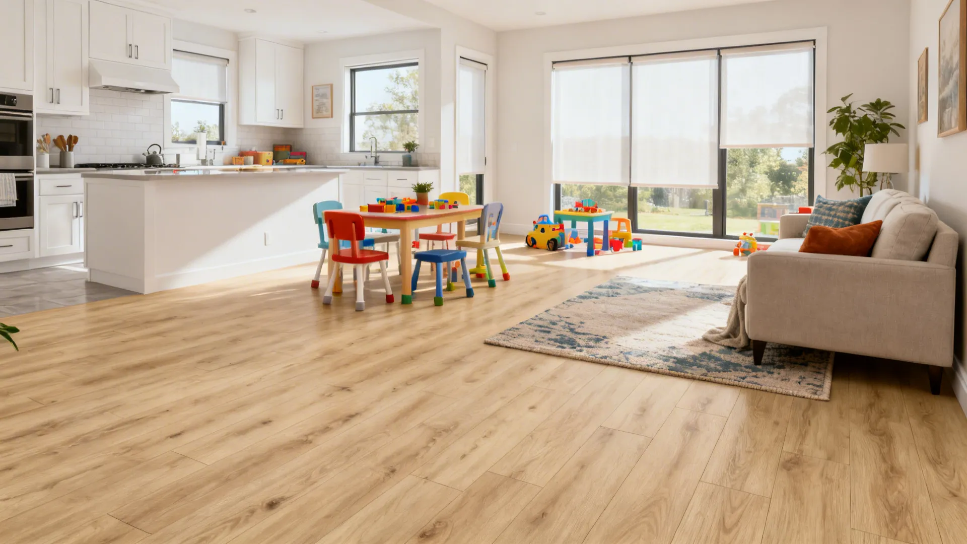 Open-plan space with continuous light wood-look LVP and bright soft daylight.