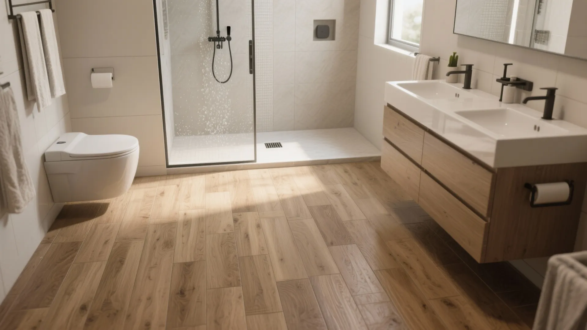 Modern bathroom featuring light wood plank flooring white toilet glass shower and double sink cabinet