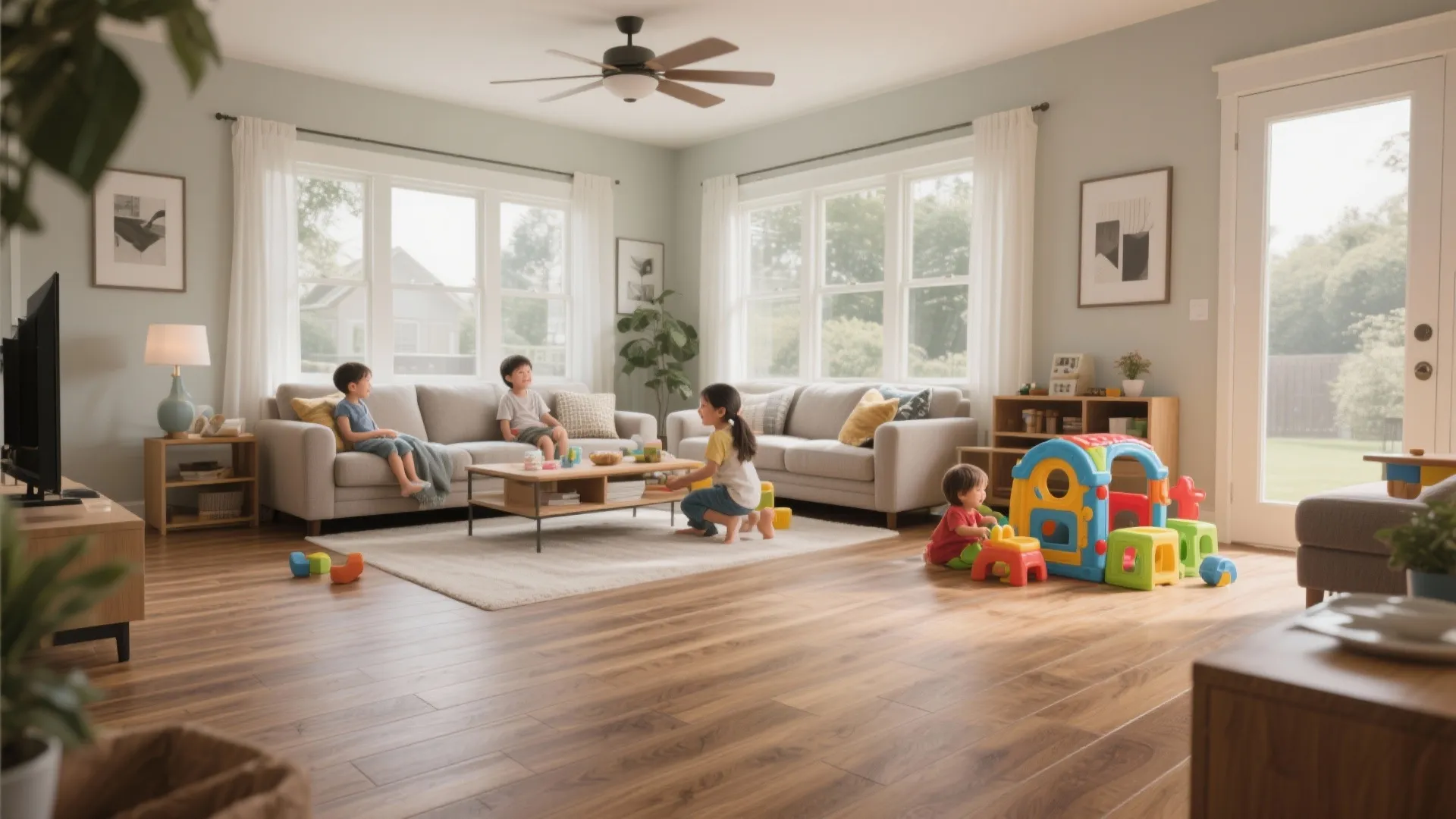 Bright living room with wood flooring featuring children playing with colorful toys near grey sofas