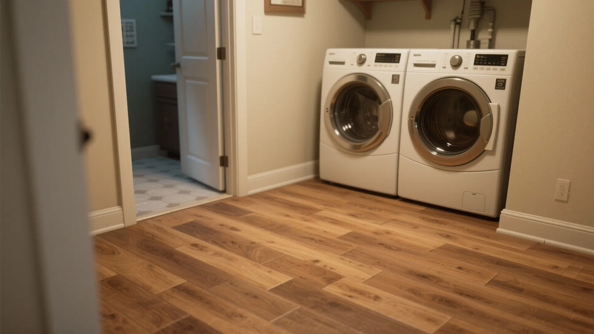 Close up view of warm wooden plank flooring in a laundry room with white machines